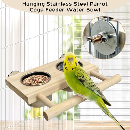 Bird Feeding Dish Cups with Wooden Platform Hanging Stainless Steel Parrot Cage Feeder Bowl Wood Perch Stand for Parakeet Cockatiels Lovebirds Budgie (Small)