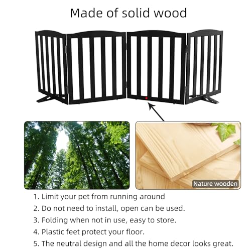 Foldable Freestanding Indoor Dog Gate for House Wood Long Pet Gates Dog Fence for Stairs Puppy Gates for Hallways (Black / 【4 Panels】80''w X 24''h)