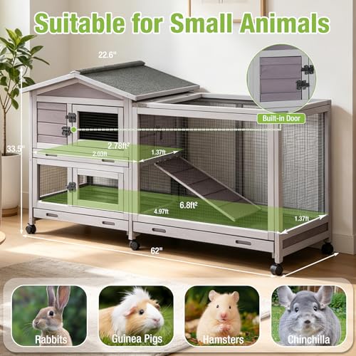 Wooden Rabbit Hutch Indoor Outdoor (Grey / 62.0"L x 22.6"W x 33.5"H)