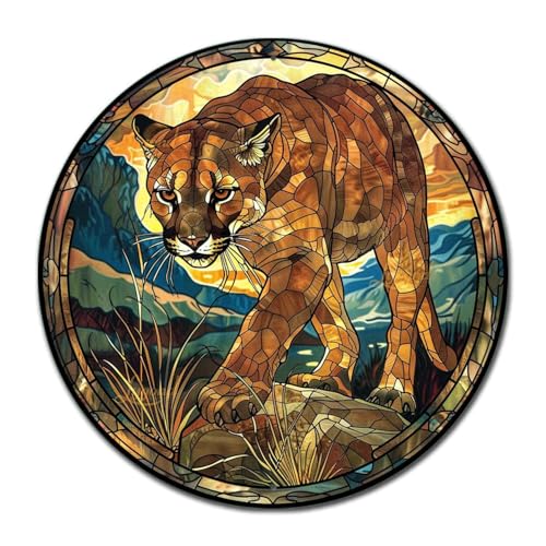 Metal Sign Tin Sign Circular Stained Glass Mountain Lion Garden Metal Sign for Bar 12×12 Inches (12×12 Inches / Mountain Lion)
