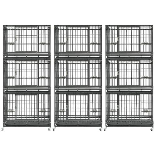3 Pack Three Tier 37" Heavy Duty Stackable Dog Crate with Wheels (37"L x 22.5"W x 29.5"H - 3 Tiers - 3 Pack)