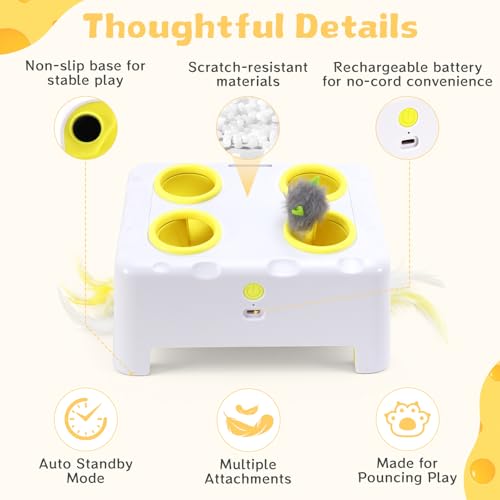 Interactive Cat Feather Toy Cheese Box 3in1 Whack a Mole (White)