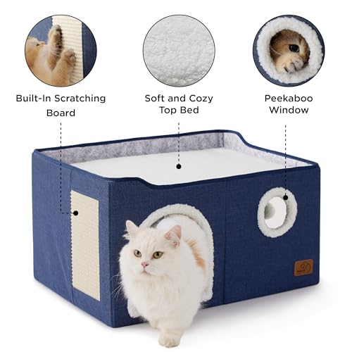 Extra Wide Cat House Bed with Fluffy Ball and Scratch Pad (Blue / Widen)