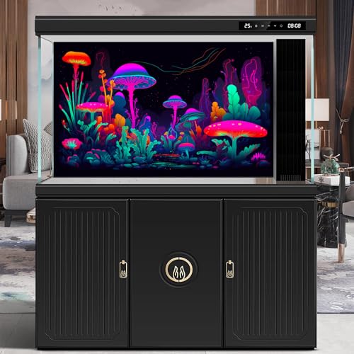 Mushrooms Aquarium Background Mushrooms in Dark Forest with Bright Colors Terrarium Background Tranquil Lake Cartoon Style Aquatic Plants Fish Tank Backdrop Poster Decorations Wallpaper Decor 24x16in (24(W)x16(H)in / Purple Red)