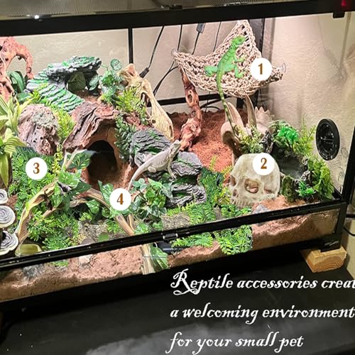 Reptile Habitat Skull Decoration Bearded Dragon Tank Accessories Resin Human Skulls Hide Cave Hanging Vines Plant for Lizards Tortoise Snake Chameleon Spider Reptiles Amphibians