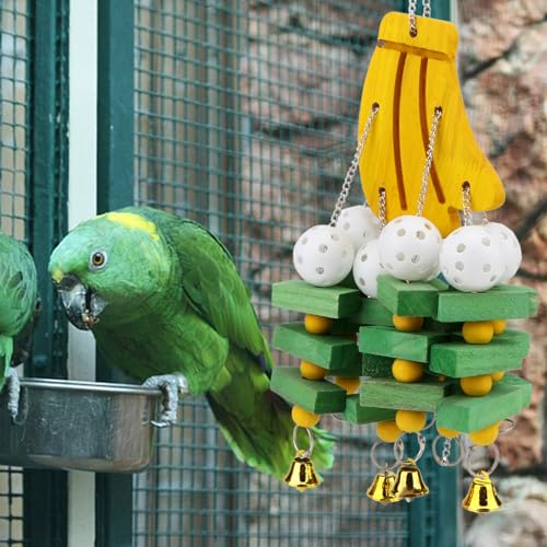 Large Parrot Hanging Swing Toy Bells Chew Toy Colorful Hanging Wood Block Parrot Macaw African Greys Cockatiels Budgies Conure Banana Shape Natural Birds Cage Hanging Toy (Banana)