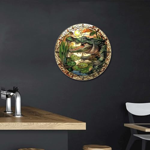 Metal Sign Tin Sign Circular Stained Glass Alligator Tin Signs for Garden for Pub 8×8 Inches (8×8 Inches / Alligator)