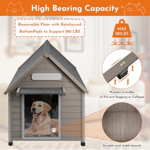 Outdoor Dog House Weatherproof Large Wooden Dog Kennel Indoor for Small Dogs with Chew (Grey / 30.5" D x 37.4" W x 39.3" H)