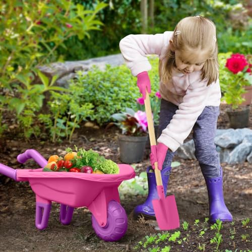 Childrens Gardening Tools Outdoor Toys Set Backyard Play with Wheelbarrow Educational STEM Learning Pretend Toys Outdoor Indoor for ChIid Boys Girls (Rose Red)
