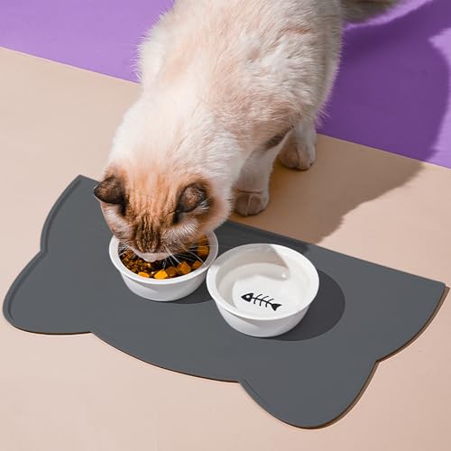 Cat Food Mat Silicone Non Slip Dog Bowl Mat Waterproof Cat Feeding Mat Stop Food Spills and Water Messes Out to Floor Pet Food Mat (Charcoal Gray / 17" x 10")