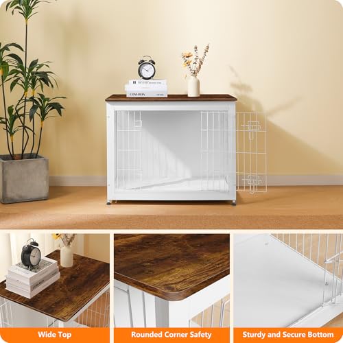 32.5" Dog Crate Furniture with Cushion (White+Rustic Brown / 32.5"L x 21.9"W x 25.6"H)