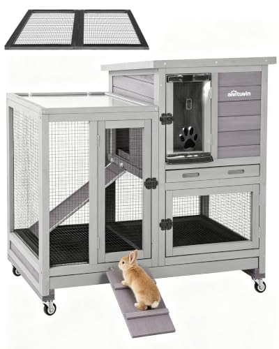 Rabbit Hutch Indoor Bunny Cage with Run Outdoor Rabbit House with Two Deeper No Leak Trays (Grey / 40.6"L x 26.0"W x 37.6"H)