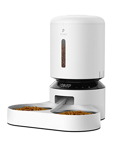 Automatic Cat Food Dispenser for 2 Pets 5L Auto Dog Feeder Dry Food Dispenser with Splitter & 2 Stainless Bowls (White / 5L (Basic))