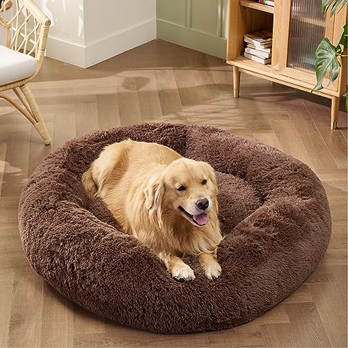 Calming XL Dog Bed Donut Washable Extra Large Pet Bed (45"L x 45"W x 10"Th / Coffee)