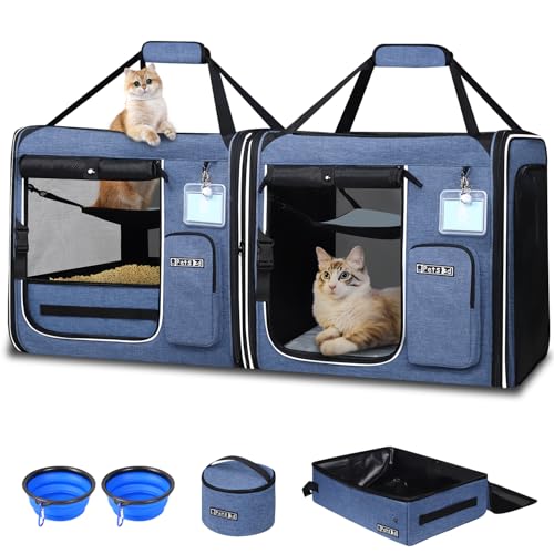 2 in 1 Double Cat Car Travel Carrier with Litter Box (Blue / 38.0"L x 17.0"W x 18.0"H)