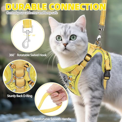 Cat Harness and Leash Set Escape Proof Reflective Cat Walking Harness Adjustable Soft Breathable Mesh Vest for Small Pets (S (NECK 9.5"-11", CHEST 13"-16") / Yellow Bee)