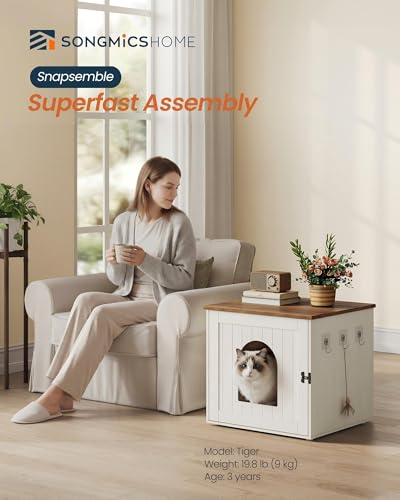Toolless Assembly Litter Box Enclosure (Rustic White + Honey Brown / M (21.7"L x 19.7"W x 19.7"H))