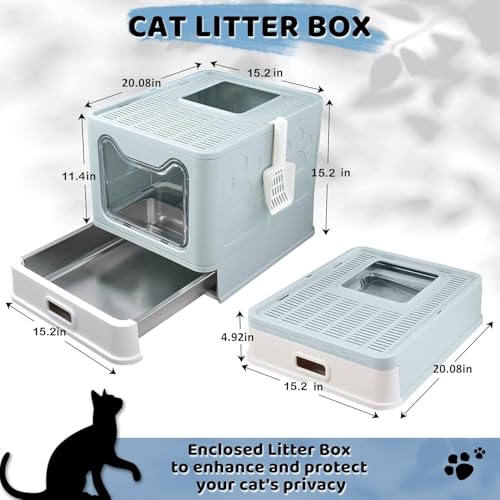 Enclosed Cat Litter Box with Lid Top Exit Covered Metal Stainless Steel Litter Box Leak Proof & Odorless Easy to Clean Including Cat Litter Scoop and Litter Mat (Blue / One Size)