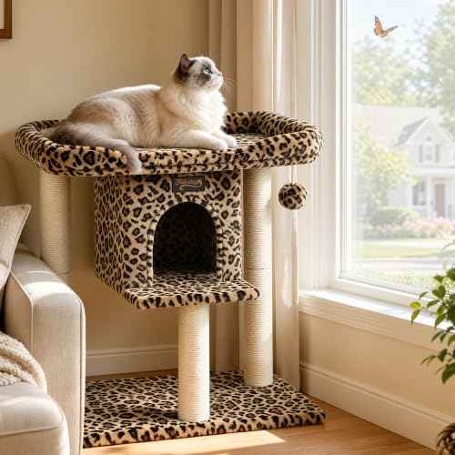 Cat Tree Tower Scratching Post for Indoor Large Adult Cats with Perch Bed (Leopard Print / 28 Inches)