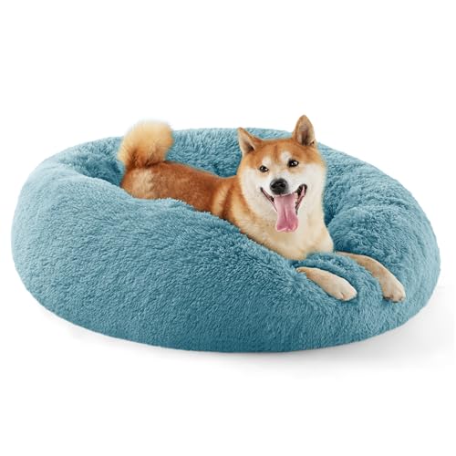 Calming Dog Bed Medium Size Dog Donut Washable Pet Bed (30"L x 30"W x 8"Th / Washed Blue)