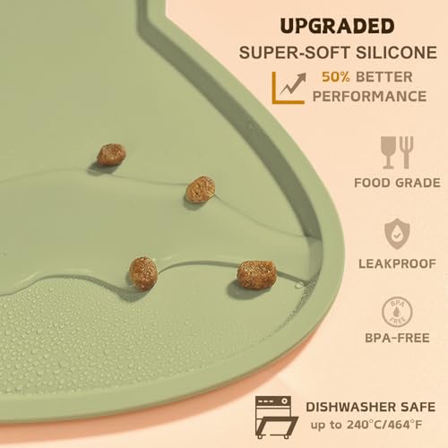 Cat Food Mat Silicone Non Slip Dog Bowl Mat Waterproof Cat Feeding Mat Stop Food Spills and Water Messes Out to Floor Pet Food Mat (Sage Green / 20" x 12")