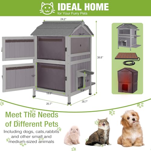 2 Story Large Heated Cat House Outdoor Insulated Cat House Weatherproof Feral Cat Shelter with Safe Heating Pad