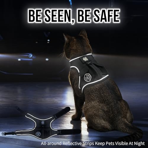 Tactical Cat Harness and Leash Escape Proof Soft Adjustable (Black / XXS:(N:10"-14",C:13"-18",B.L:7.5",W:8-18 lbs))