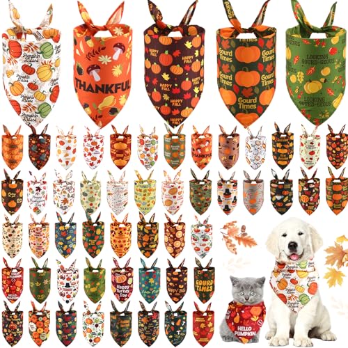 50 Pcs Fall Dog Bandanas Bulk Pet Scarfs Triangle Bibs Adjustable Washable Puppy Kerchief Seasonal Pet Costume Accessories Grooming Supplies for Small Medium Large Dogs Cats (Thanksgiving)