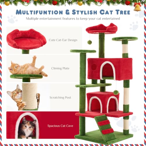 54 Inch Cat Tree Tower with Scratching Posts (Red & Green / 54 Inch)