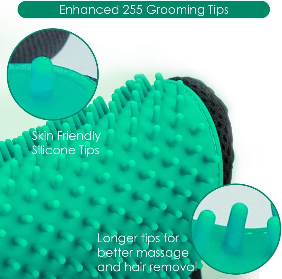 Pet Hair Removal Glove with 255 Silicone Tips for Dogs & Cats (Green)