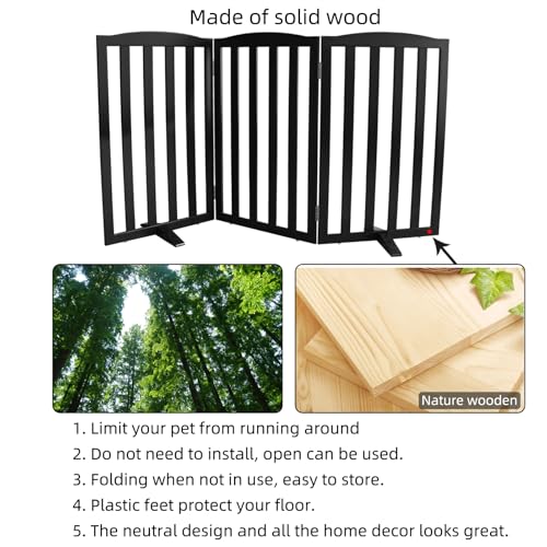 Foldable Freestanding Indoor Dog Gate for House Wood Long Pet Gates Dog Fence for Stairs Puppy Gates for Hallways (Black / 【3 Panels】60''w X 32''h)