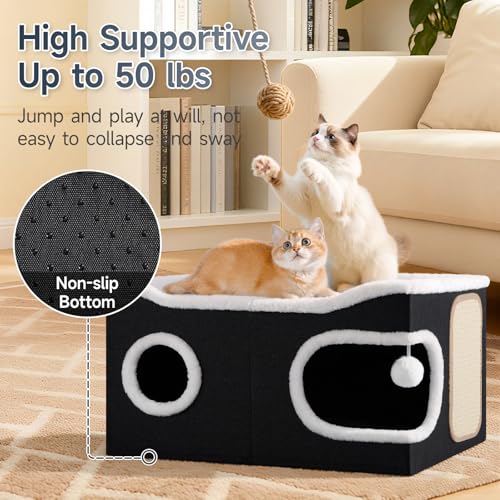 Extra Large Cat House Bed for Multi Cats with Scratch Pad Black (Black / Extra Large)
