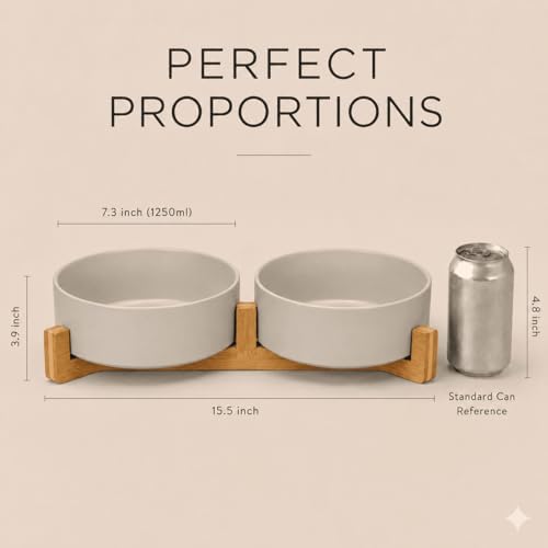 Ceramic Dog and Cat Bowl Set with Wooden Stand (5 cups / Grey × 2)