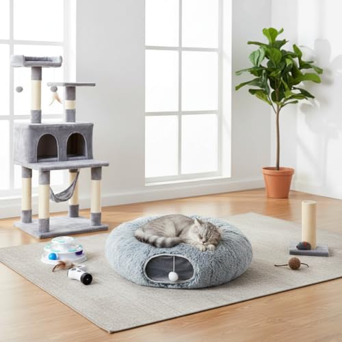 Plush Cat Tunnel Bed for Indoor Cats (Gray)