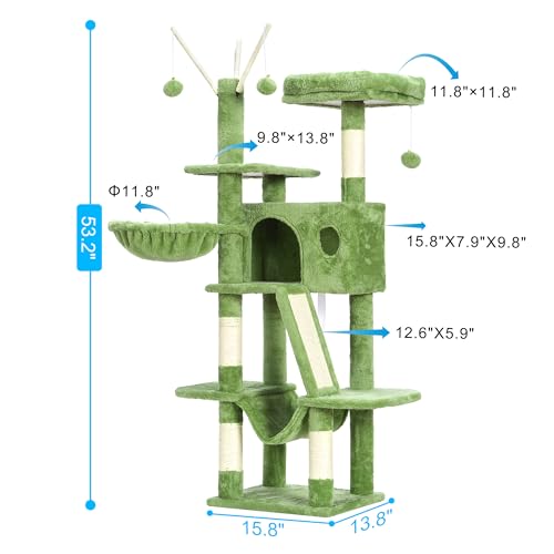 Cat Tree Tower with Padded Platform Bed (53 Inch / Green)