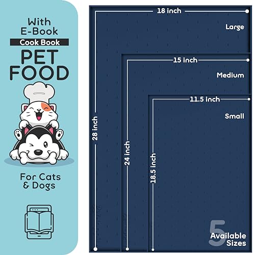 Dog Food Mat Raised Edges Dogs Mat for Food and Water Prevent Spill (18.5" x 11.5" / Navy)