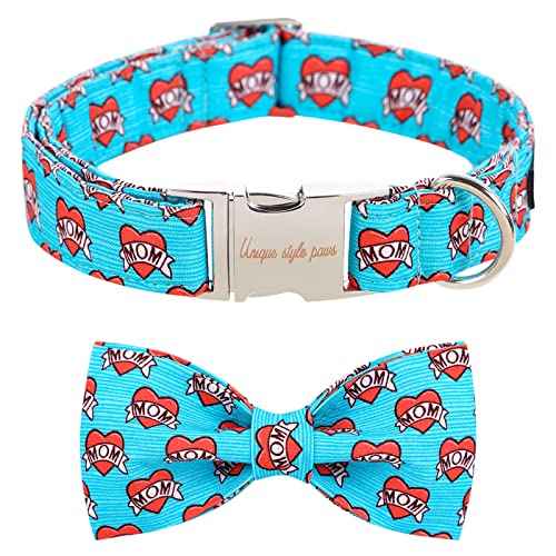 Valentine's Day Dog Collar with Bow Tie Blue Heart Puppy Collar Best Gift for Small Medium Large Boys Girls (X-Small / Blue MoM Love)
