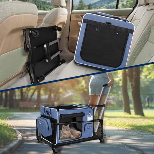 Extra Large Cat Carrier with Litter Box and Wheels for Car Travel