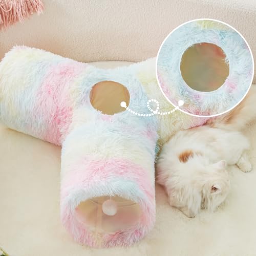 Plush Pet Cat Tunnel Tube Cat Toys 3 Way Collapsible (Plush Rainbow / Small)