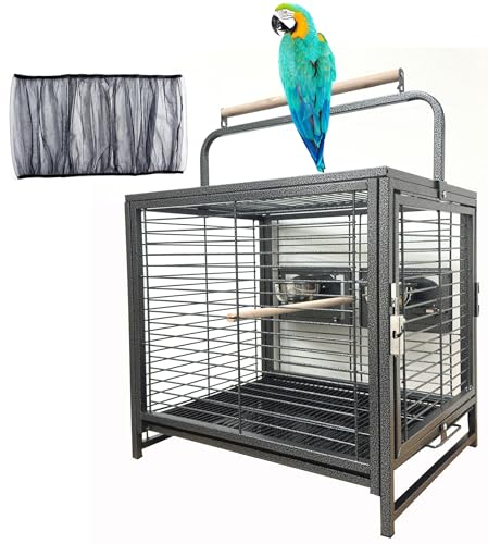Portable and Durable Heavy Duty Travel Vet Bird Parrot Carrier Play Stand Perch Cage Feeding Bowl Stand with Handle and Accessories Prevent Beaks Out Include Cage Cover (19.0"L x 15.0"W x 25.0"H / Hammertone Black)