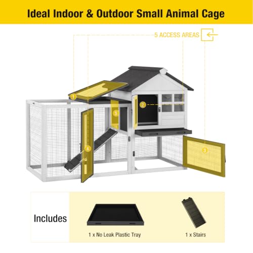 Rabbit Hutch Indoor Bunny Cage Outdoor with Run Chicken Coop Guinea Pig House with Waterproof Asphalt Roof (51.6"L x 25.2"W x 36.2"H / White)