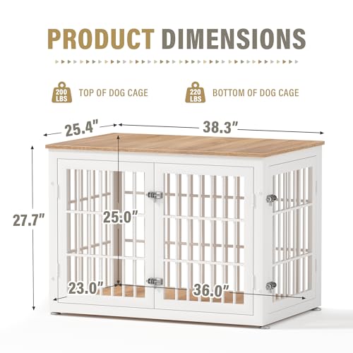 38" Heavy Duty Dog Crate Furniture for Large and Medium Dogs (White + Natural / 38.3"L x 25.4"W x 27.7"H)