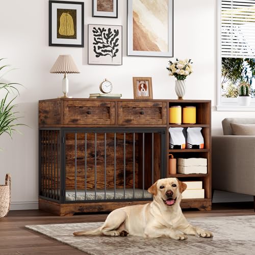 47" Medium Dog Crate Furniture with Storage (Vintage Brown / 47.2"L x 23.6"W x 33.5"H)