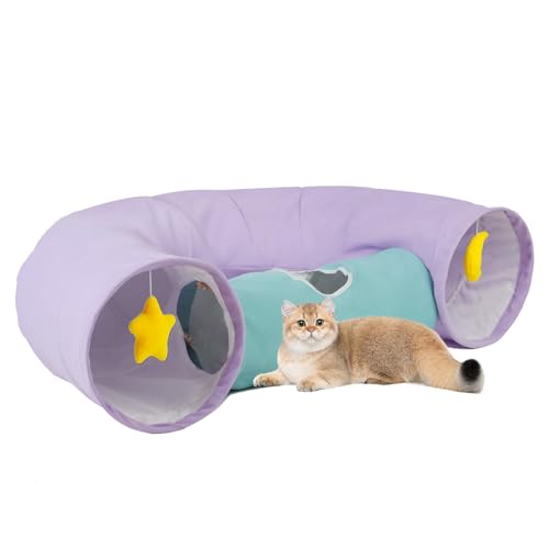 Cat Tunnel Large Indoor Durable Collapsible Interactive Cat Tube with Peek (PurpleBlue)
