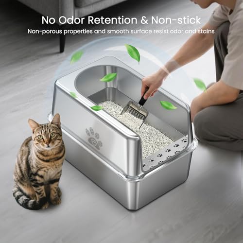 Enclosed Stainless Steel Cat Litter Box with Lid (XL-23.6"x15.7"x15.7")