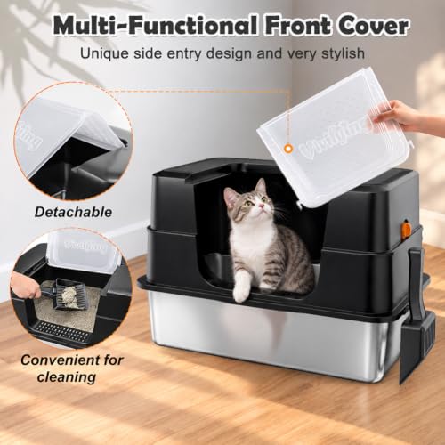 XL Stainless Steel Cat Litter Box with Lid (Black)