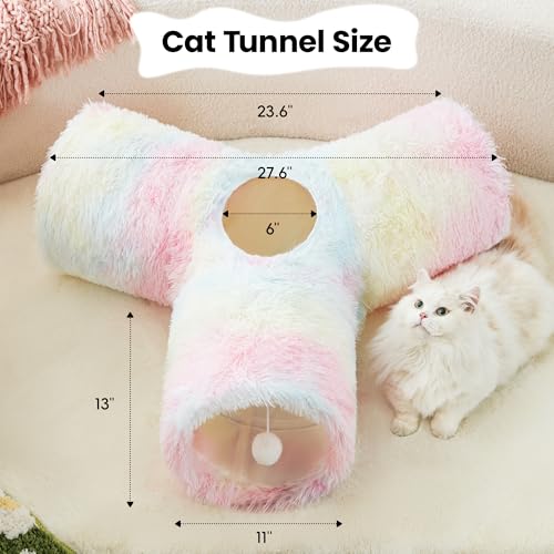 Plush Pet Cat Tunnel Tube Cat Toys 3 Way Collapsible (Plush Rainbow / Small)