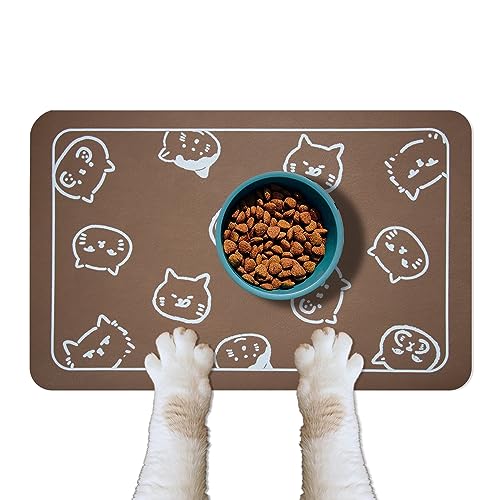 Pet Cat Dog Food Mat (Brown & Multiple cat heads Logo / 18.1"L x 11.8"W)
