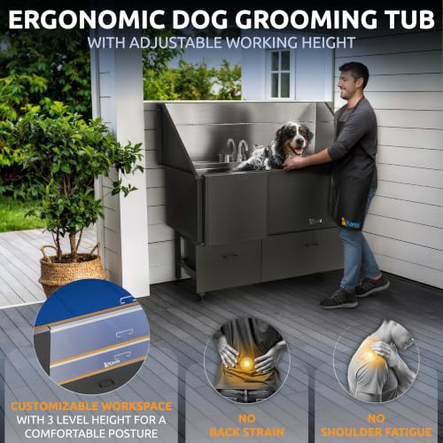 Professional Dog Washing Station 304 Stainless Steel Pet Wash Sink (Black, Left Ramp, 2 Drawer / 61 Inches)