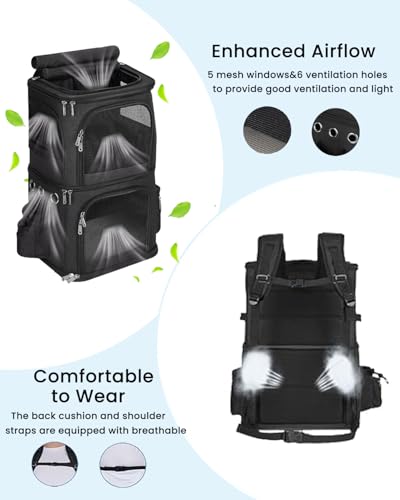 Double Cat Carrier Backpack for 2 Cats or Small Dogs (14.6"L x 11.2"W x 21.6"H / Black)